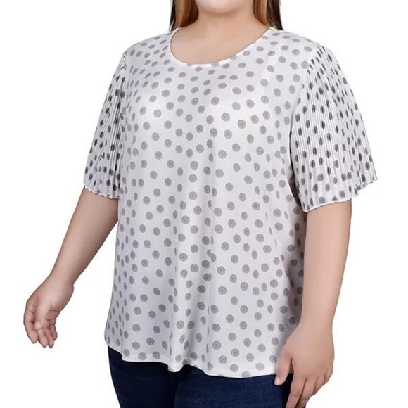 NY Collection Tops - NY Collection Plus Pleated Sleeve Dot Circle Print Top – White/Black – Size 2X
